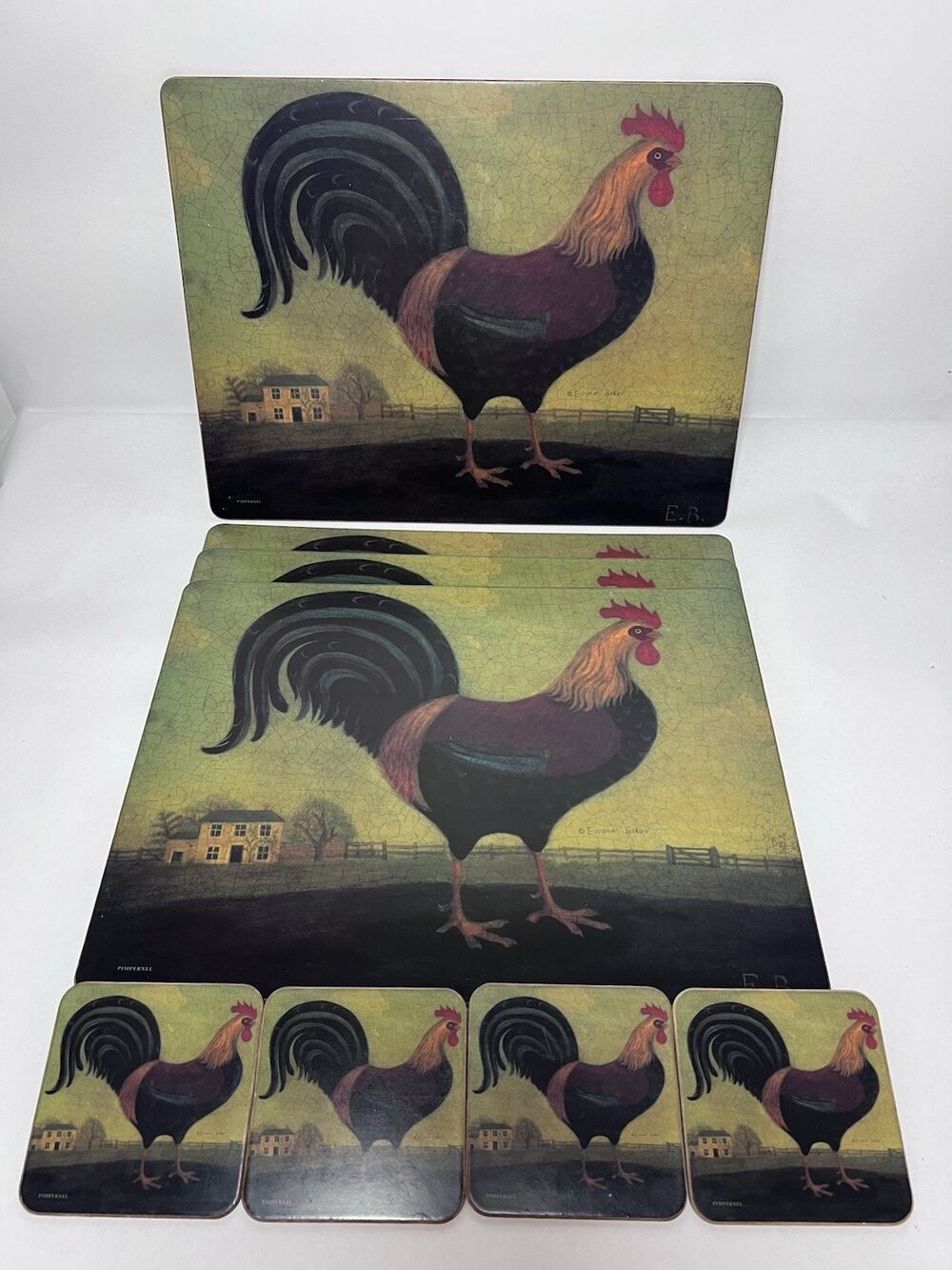 Pimpernel Rooster Placemats Coasters Cork Back Farmhouse Emma Baker Vtg